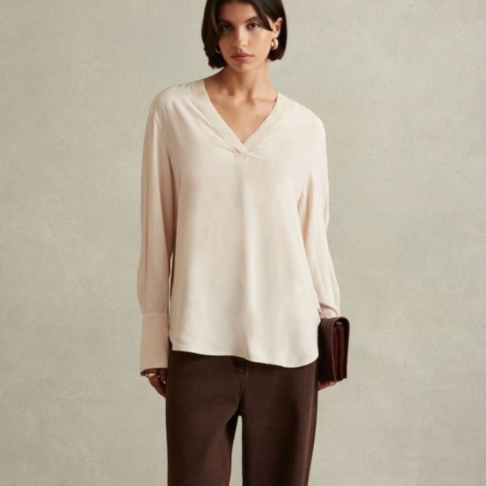 Reiss Tash Relaxed High‑Low V‑Neck Top – Pale Pink – Size 6 – NWT
